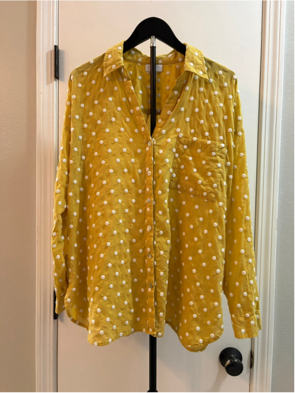 J. Jill Mustard Yellow Polka Dot Button Down Shirt Cotton Embroidered Dots L